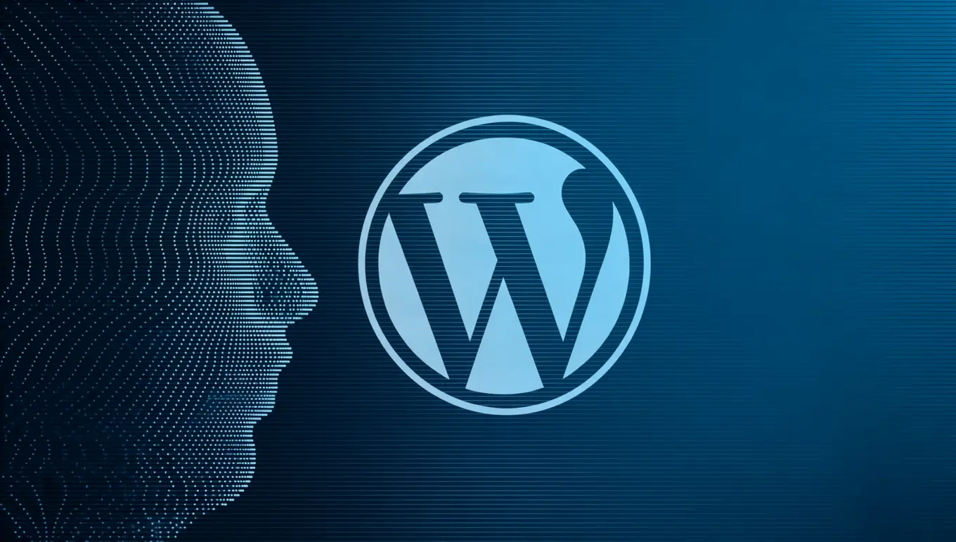 Silhouette d'un visage en points avec le logo de WordPress en arrière-plan sur un fond bleu.