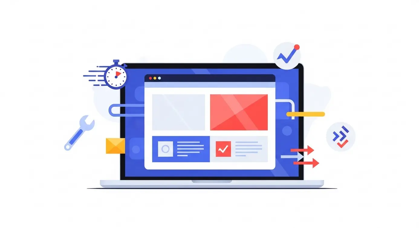 Un ordinateur portable affichant une interface de création de site web, entouré d’icônes représentant la vitesse, la simplicité et la flexibilité.