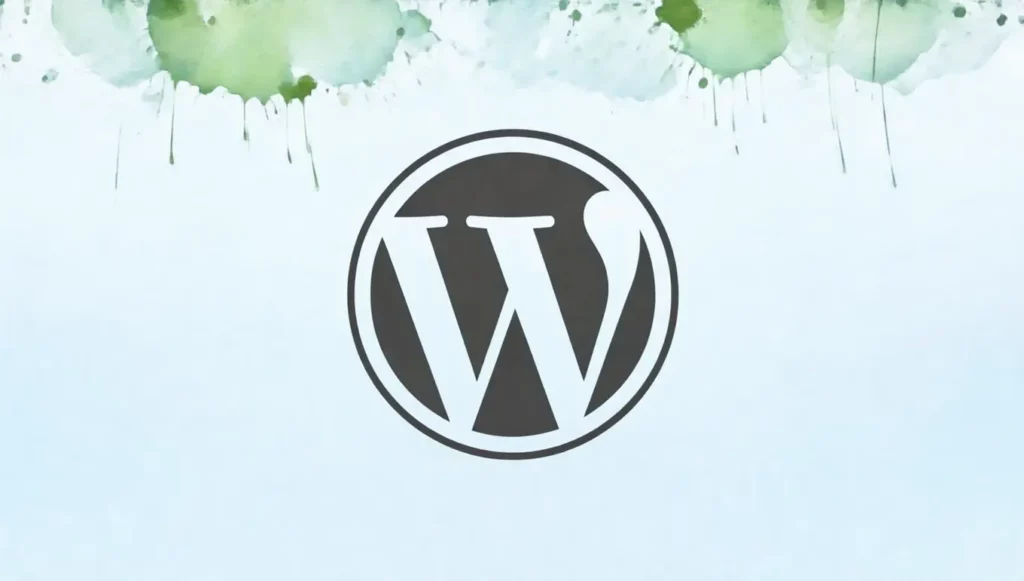 Logo de WordPress sur un fond aquarelle vert et bleu, symbolisant le développement web et le blogging.