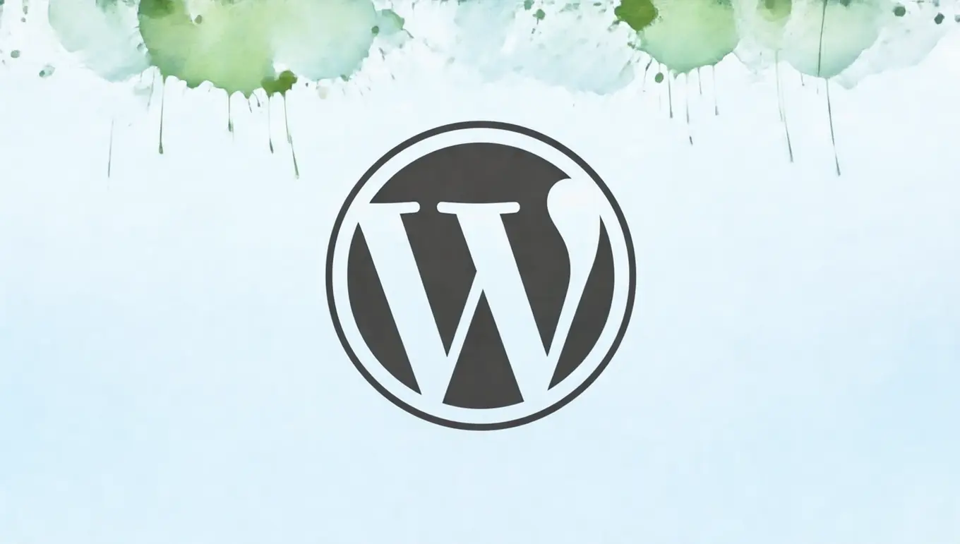 Logo de WordPress sur un fond aquarelle vert et bleu, symbolisant le développement web et le blogging.