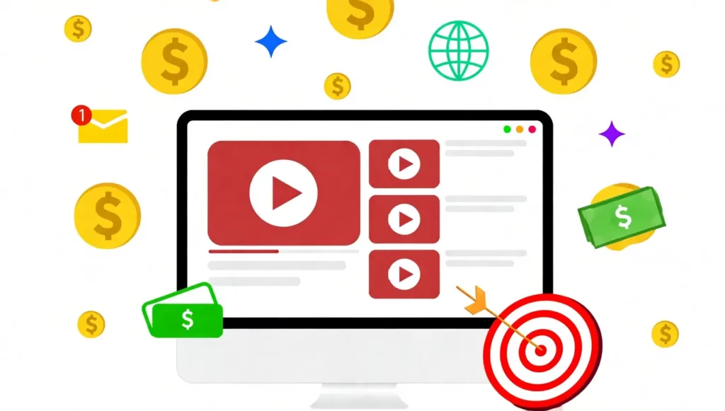 Écran d'ordinateur montrant une plateforme vidéo avec cibles, symbole d'argent et notifications, représentant le marketing digital.