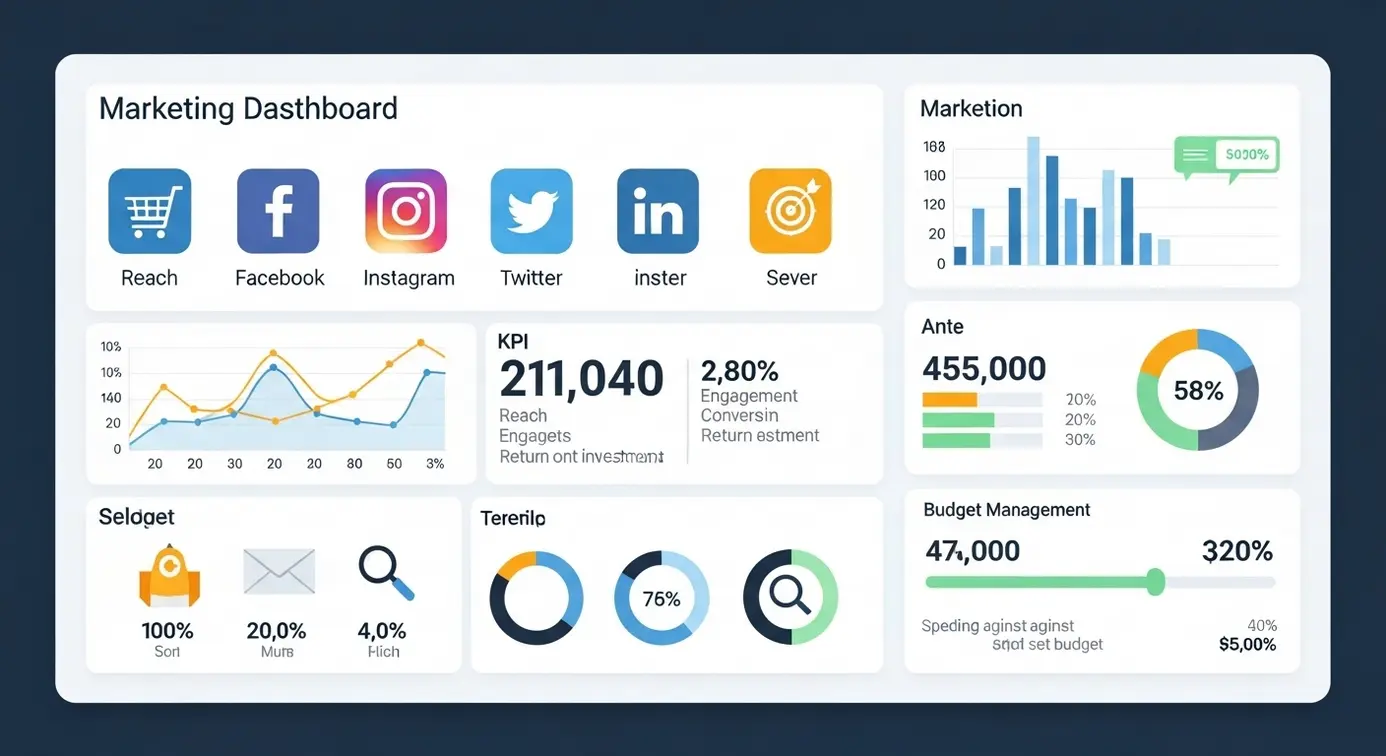 Une image montrant un tableau de bord numérique avec des graphiques et des icônes liés au marketing et à la publicité.