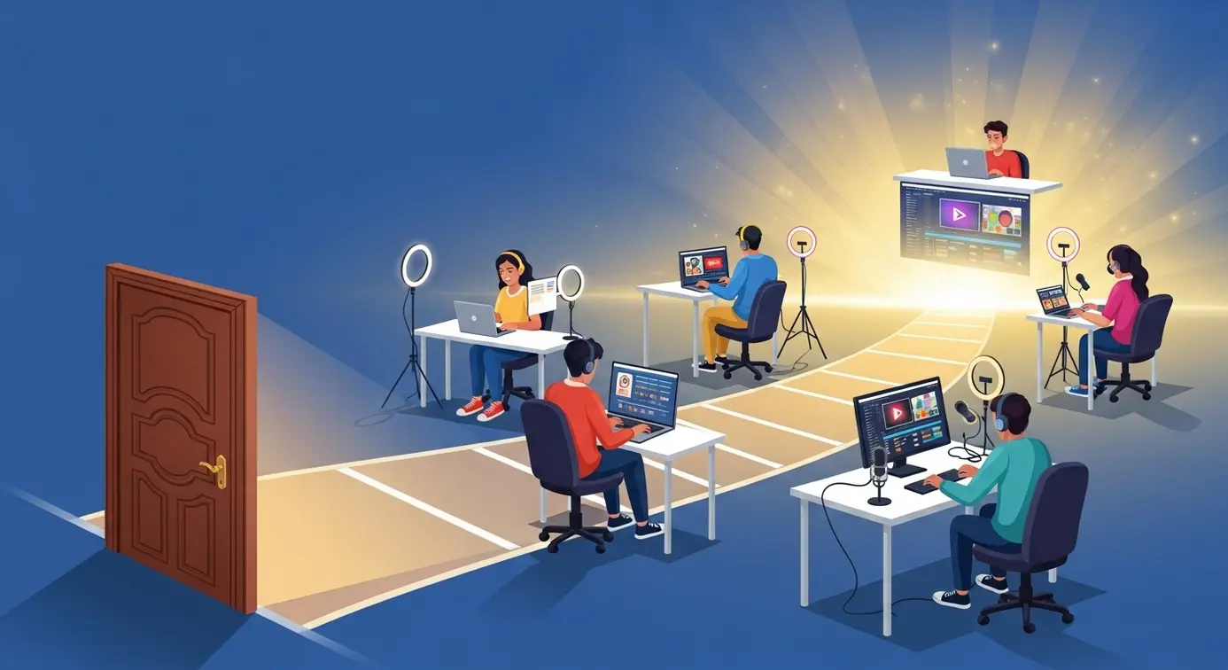 Une porte fermée s'ouvrant sur un horizon lumineux avec des créateurs de contenu devant des ordinateurs, symbolisant une seconde chance sur YouTube.