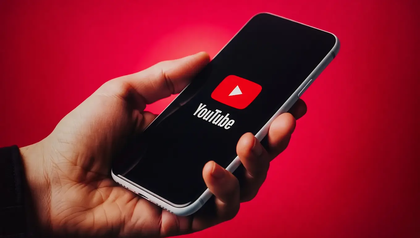 Main tenant un smartphone affichant le logo YouTube sur fond rouge, reflétant la culture numérique moderne.