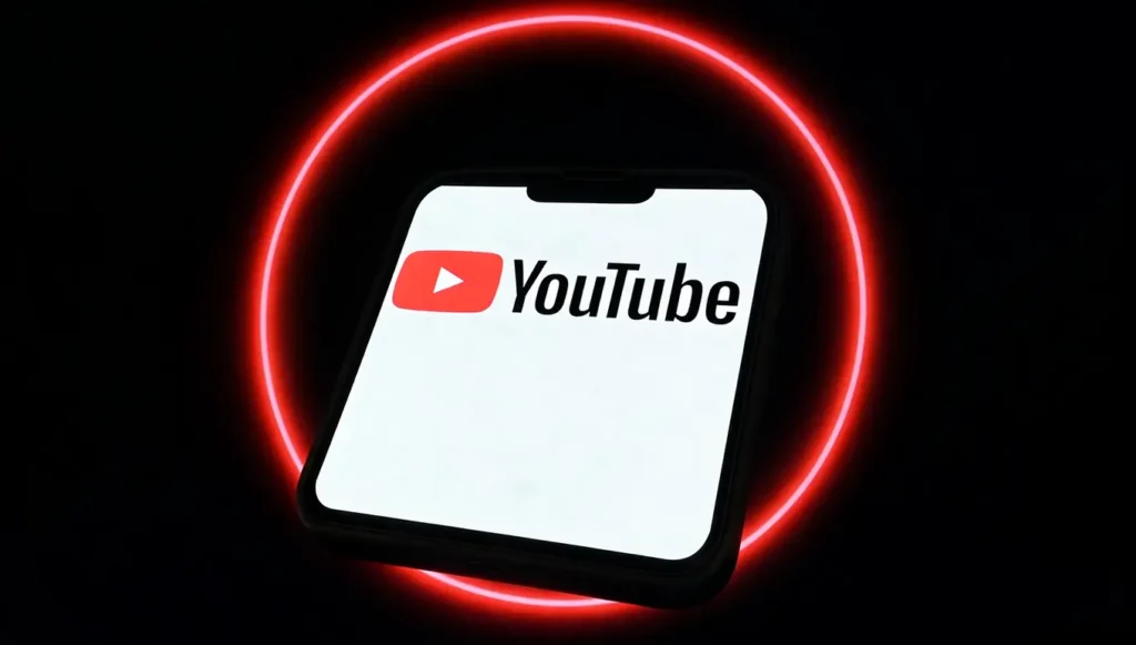 Logo de YouTube sur un smartphone avec un fond noir et un halo rouge.