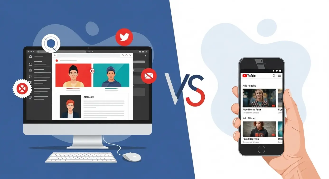 Image représentant un ordinateur et un smartphone montrant comment les adblockers empêchent l’affichage des publicités sur différents appareils.
