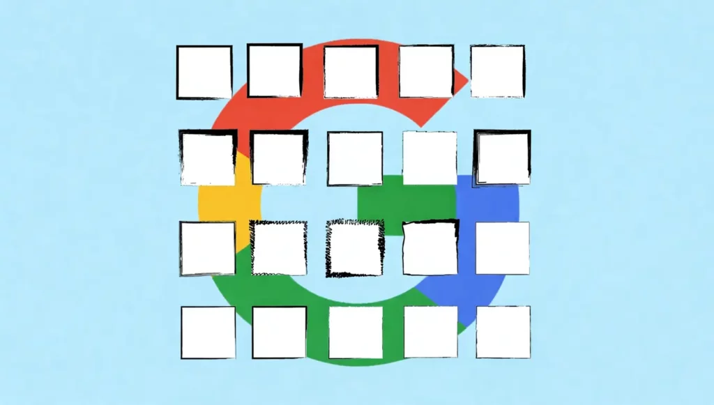 Matrice de carrés blancs sur fond bleu, avec le logo coloré de Google en arrière-plan.