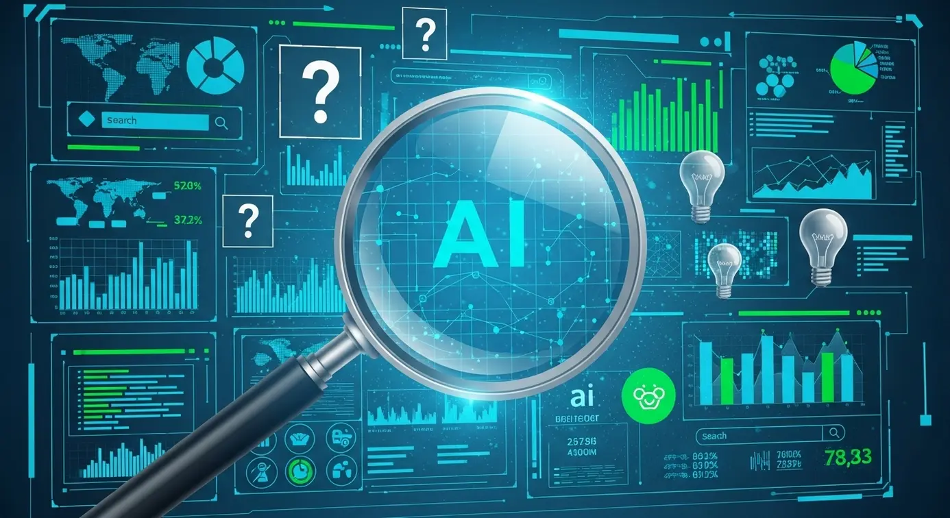 Une loupe analysant un écran contenant des résultats et des symboles de questions pour représenter la recherche et l'interprétation des questions cachées dans les résultats d'IA.