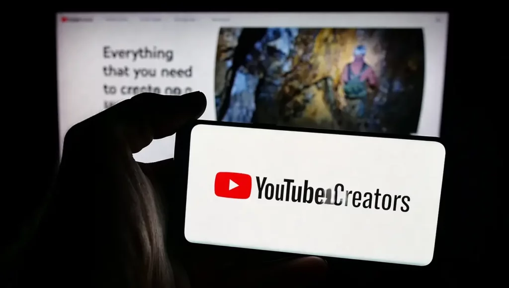 Logo de YouTube Creators sur un téléphone, avec une interface d'application en arrière-plan.