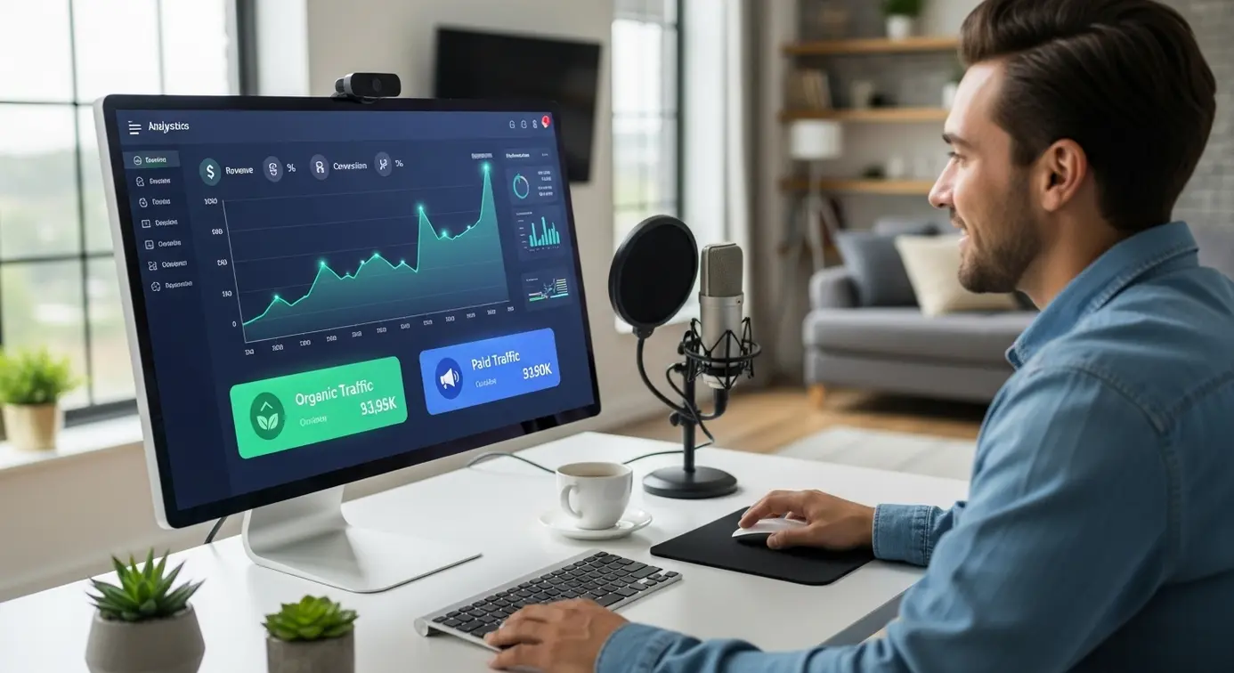 Un créateur de contenu devant un ordinateur avec des graphiques analytiques montrant le trafic organique et payant.